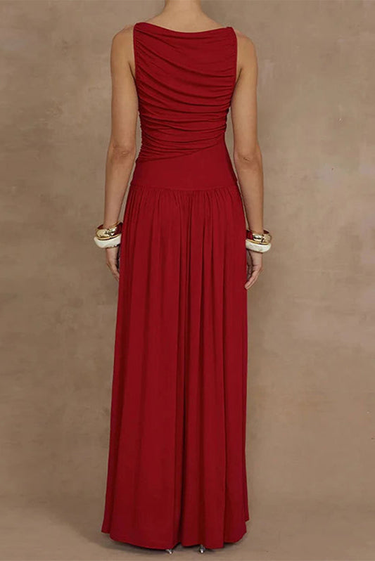 Vestidos largos casuales de color sólido con cuello redondo fruncido