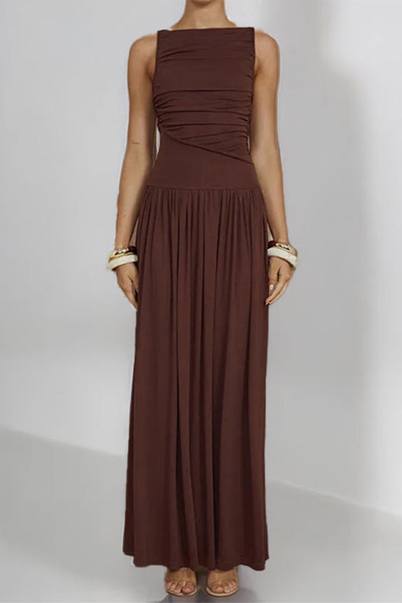 Vestidos largos casuales de color sólido con cuello redondo fruncido