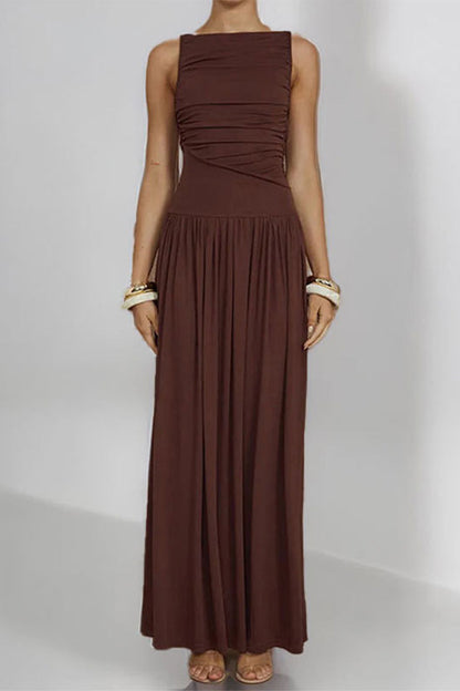 Vestidos largos casuales de color sólido con cuello redondo fruncido