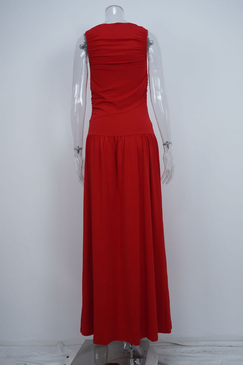 Vestidos largos casuales de color sólido con cuello redondo fruncido