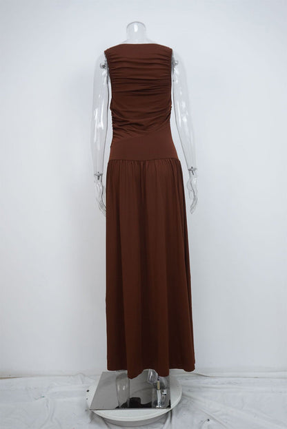 Vestidos largos casuales de color sólido con cuello redondo fruncido