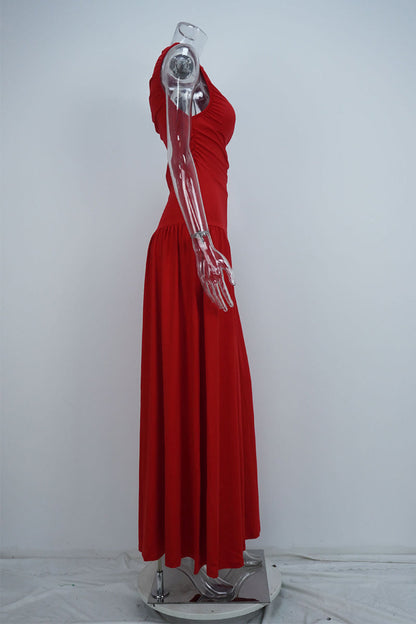 Vestidos largos casuales de color sólido con cuello redondo fruncido