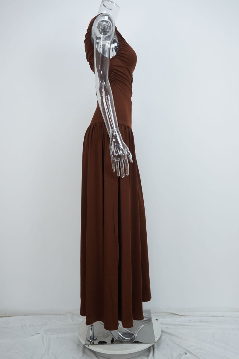 Vestidos largos casuales de color sólido con cuello redondo fruncido