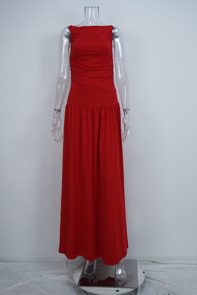 Vestidos largos casuales de color sólido con cuello redondo fruncido