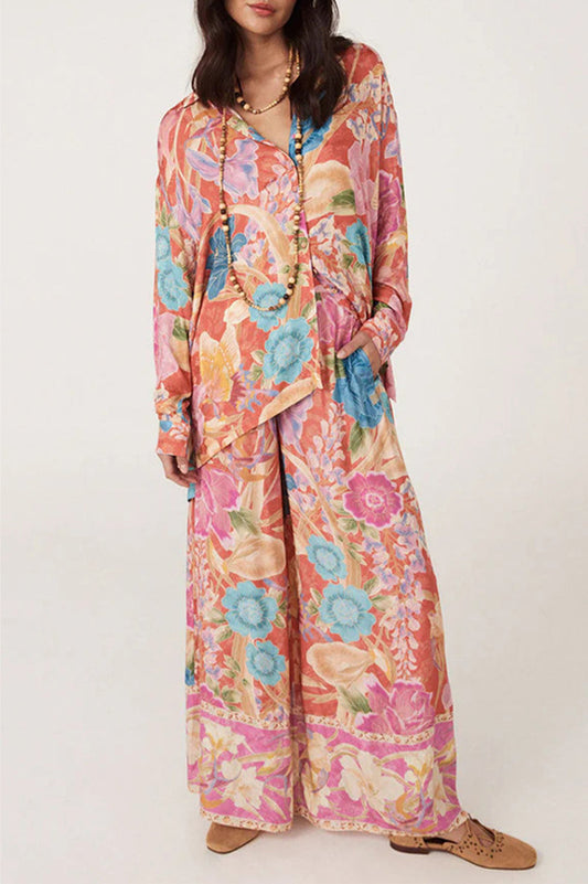 Conjunto de dos piezas con cuello vuelto, manga larga, estampado floral informal, bolsillo y contraste
