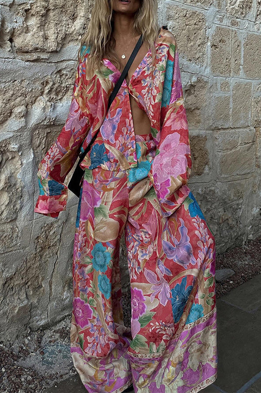 Conjunto de dos piezas con cuello vuelto, manga larga, estampado floral informal, bolsillo y contraste