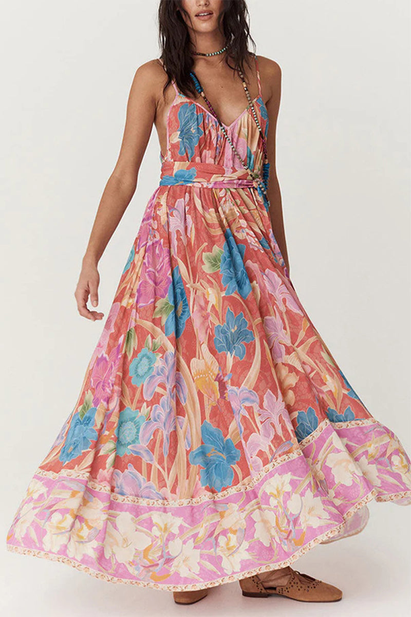 Vestidos sexis de vacaciones con estampado floral, espalda descubierta y escote en V en contraste