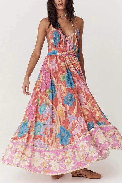 Vestidos sexis de vacaciones con estampado floral, espalda descubierta y escote en V en contraste