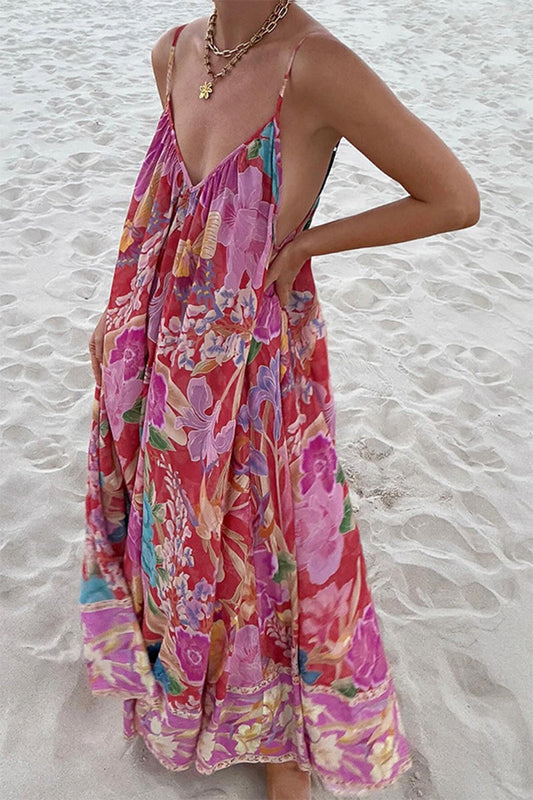 Vestidos sexis de vacaciones con estampado floral, espalda descubierta y escote en V en contraste