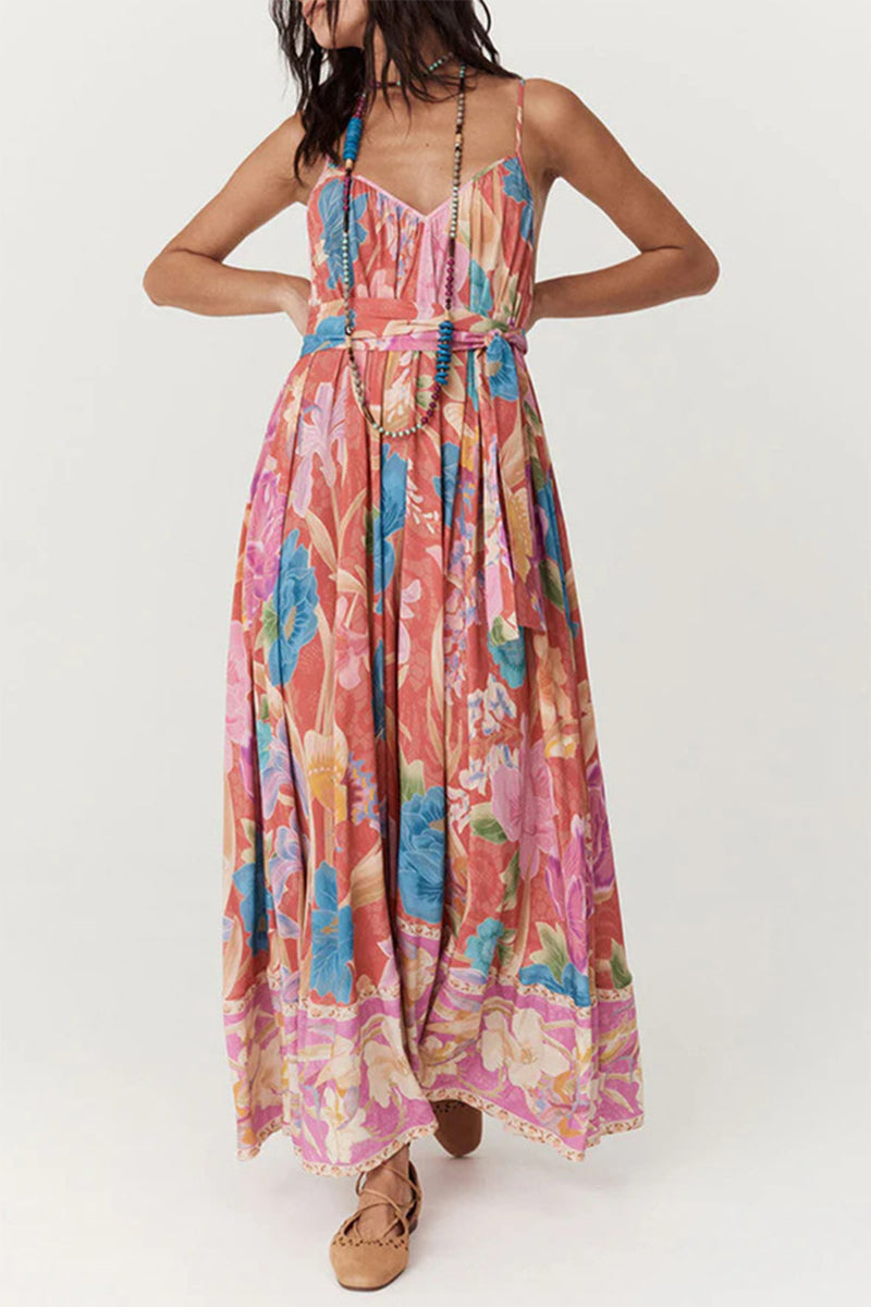 Vestidos sexis de vacaciones con estampado floral, espalda descubierta y escote en V en contraste
