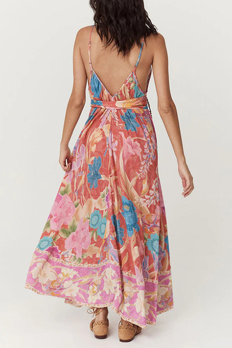 Vestidos sexis de vacaciones con estampado floral, espalda descubierta y escote en V en contraste