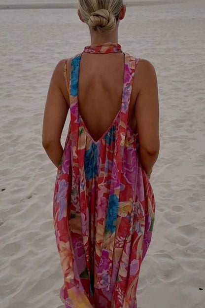 Vestidos sexis de vacaciones con estampado floral, espalda descubierta y escote en V en contraste
