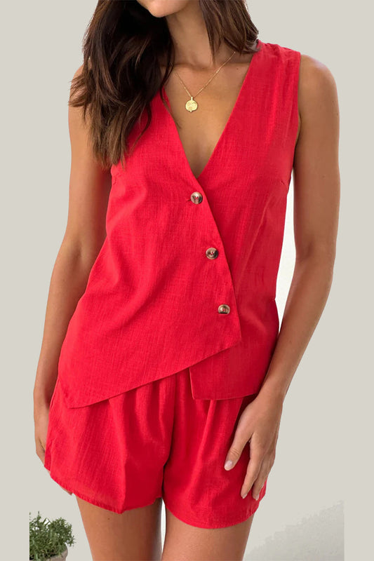 Conjunto informal de dos piezas con botones, cuello en V irregular, sin mangas y estampado diario