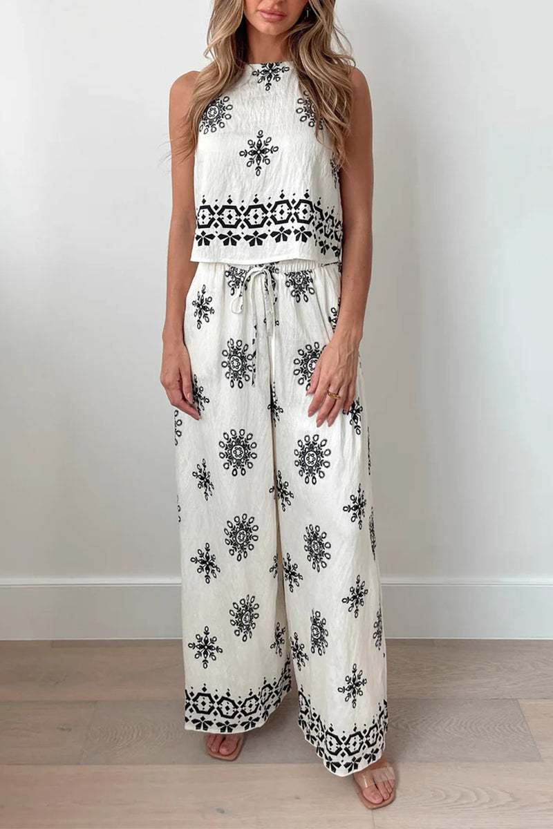 Conjunto casual de dos piezas con estampado geométrico, cuello redondo, sin mangas y cordones