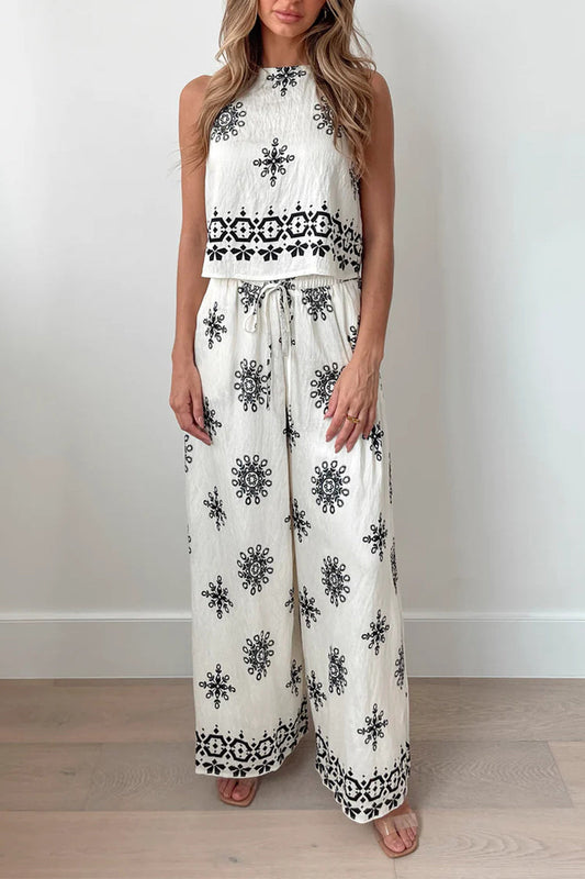 Conjunto casual de dos piezas con estampado geométrico, cuello redondo, sin mangas y cordones