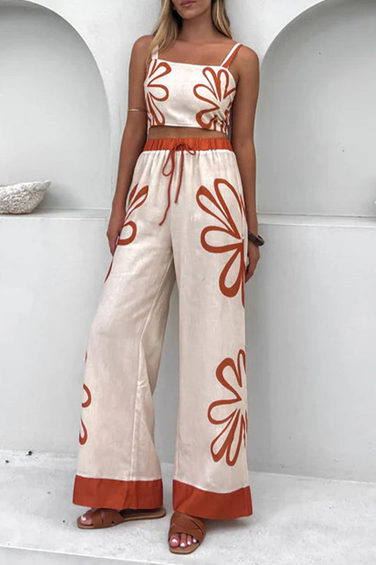 Conjunto informal de dos piezas con estampado floral, sin mangas, con cordones y escote cuadrado en contraste