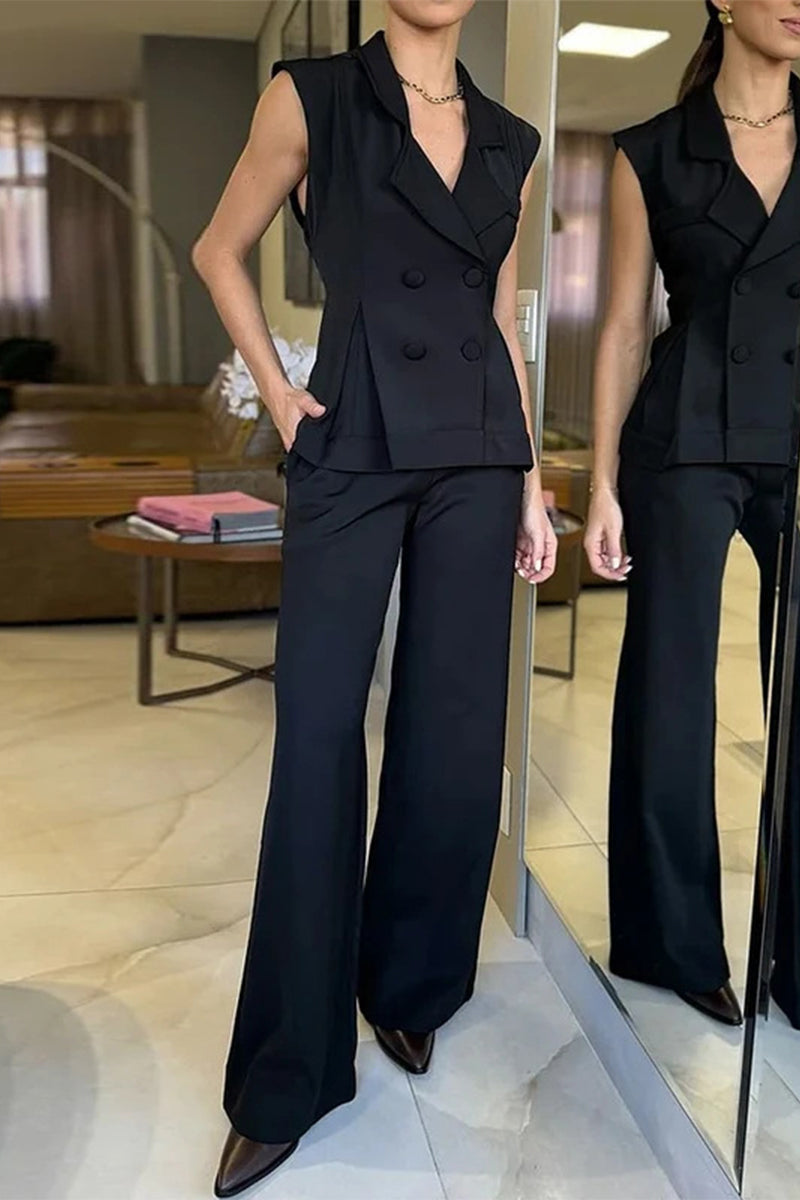 Conjunto informal de dos piezas con cuello en V, sin mangas y bolsillo