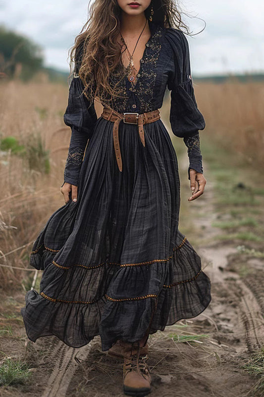 Vestidos casuales con flores bordadas y cuello en V desgastado (sin cinturón)