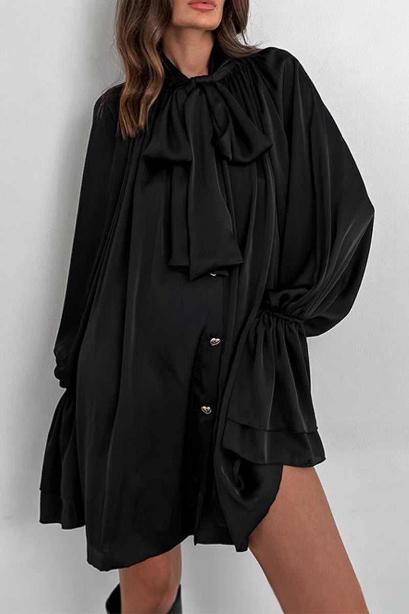 Elegante vestido de corte A con cordones, hebilla y cuello de cinta (3 colores)