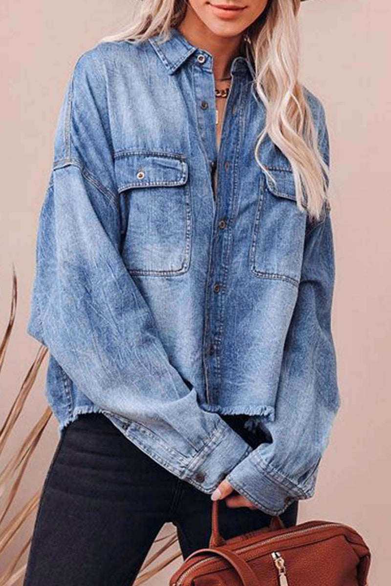Blusas casuales de uso diario con cuello vuelto, bolsillos en contraste y colores degradados