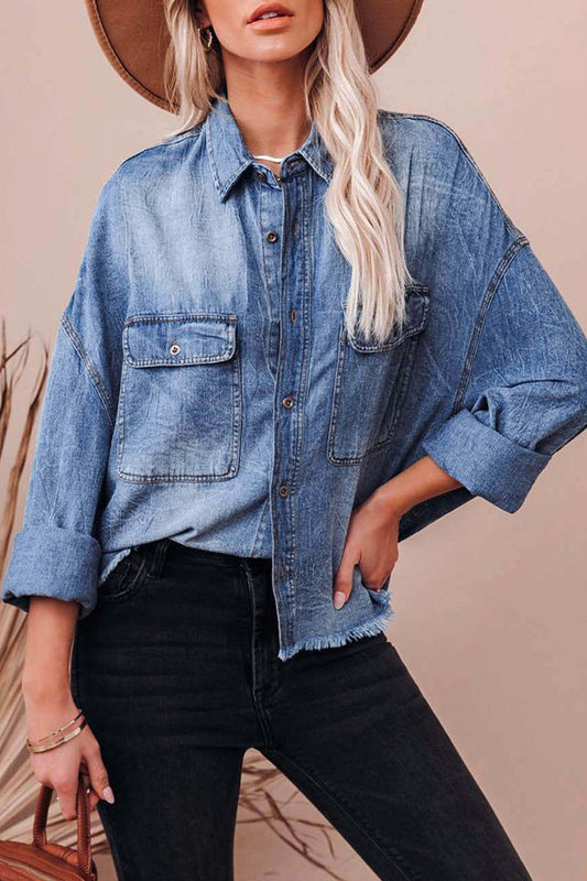 Blusas casuales de uso diario con cuello vuelto, bolsillos en contraste y colores degradados