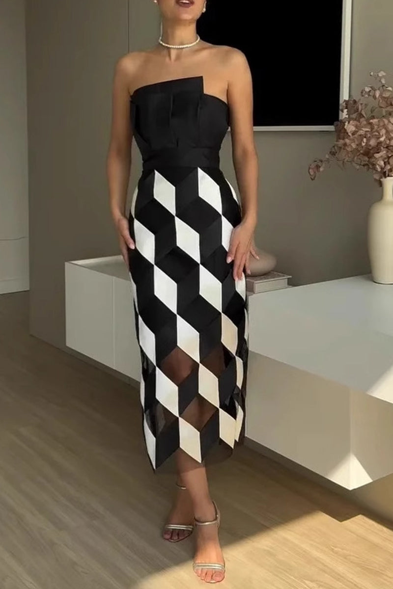 Vestidos sexis sin tirantes con estampado de cuadros y patchwork irregulares en contraste
