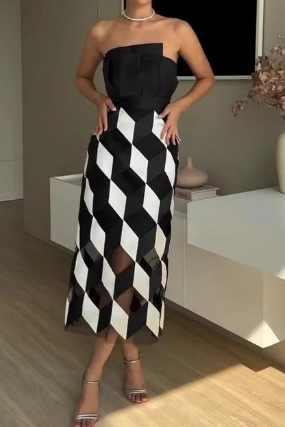 Vestidos sexis sin tirantes con estampado de cuadros y patchwork irregulares en contraste