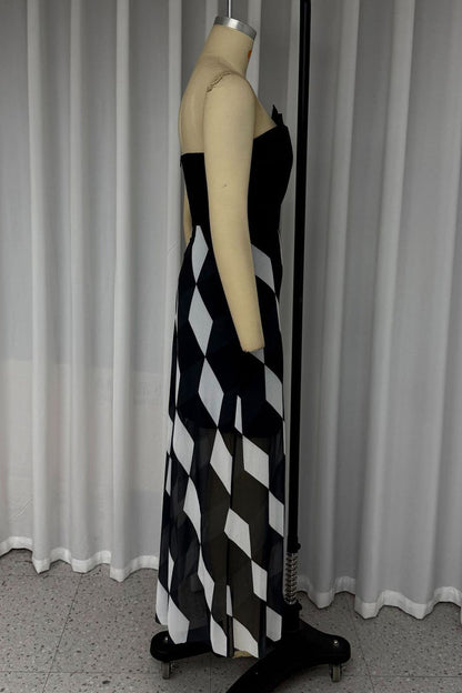Vestidos sexis sin tirantes con estampado de cuadros y patchwork irregulares en contraste