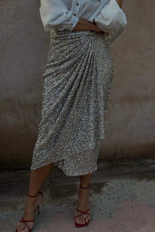 Elegante pantalón de cintura alta con lentejuelas fruncidas (3 colores)