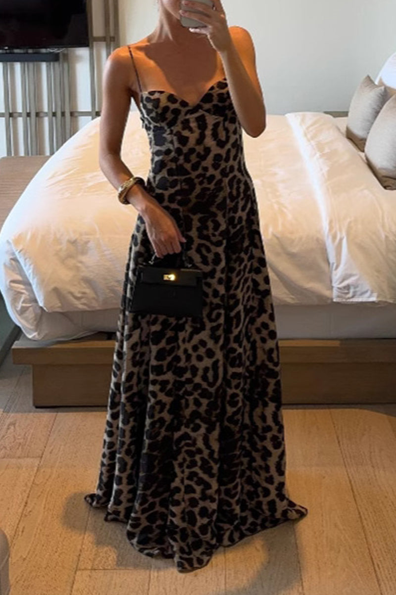 Vestidos largos sexis con escote en V y estampado de leopardo