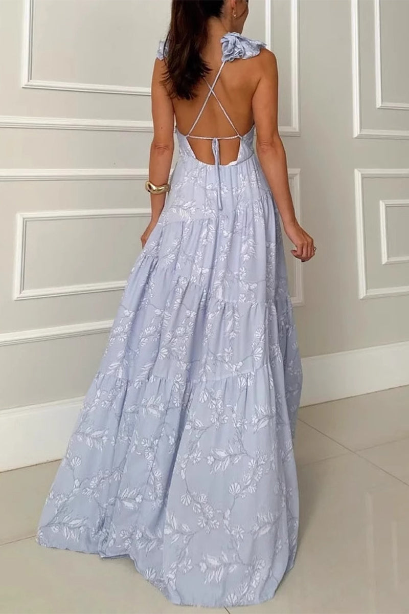 Elegantes vestidos largos con escote en V y diseño de tirantes sin espalda y flores