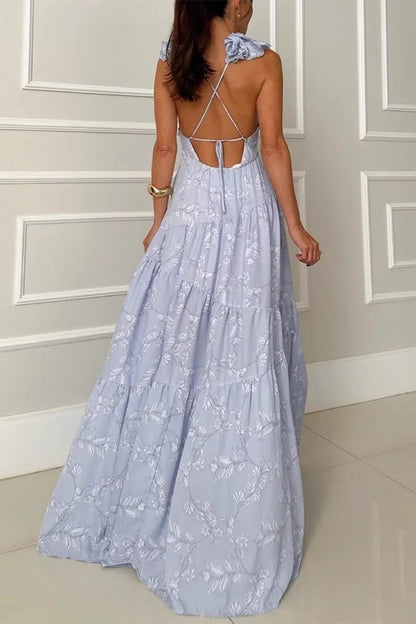 Elegantes vestidos largos con escote en V y diseño de tirantes sin espalda y flores