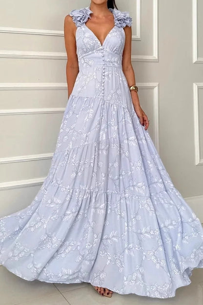 Elegantes vestidos largos con escote en V y diseño de tirantes sin espalda y flores