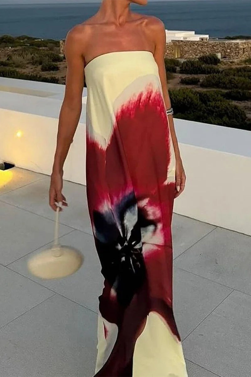 Vestidos largos informales sin tirantes, ajustables, con estampado floral y espalda descubierta para vacaciones