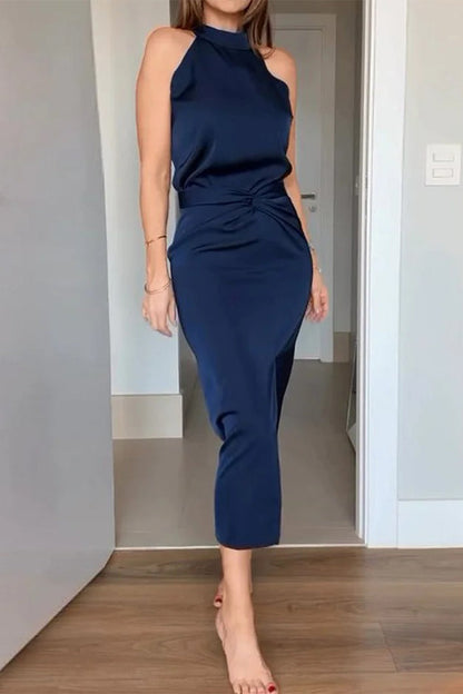 Traje de baño de dos piezas sexy con abertura y fruncido, sin mangas y estilo halter