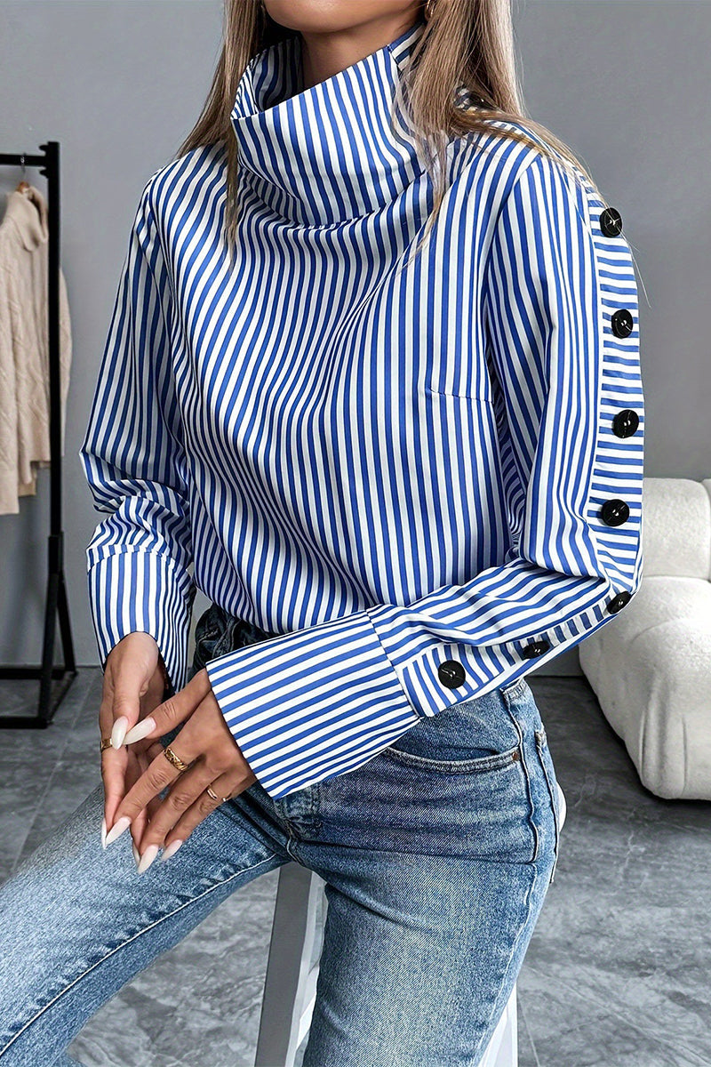 Blusas casuales de cuello alto con botones y rayas