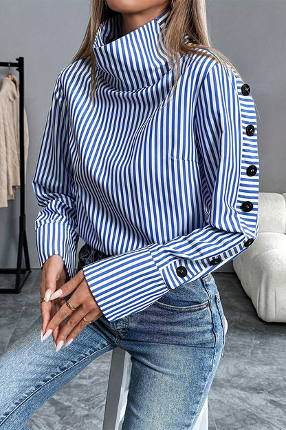 Blusas casuales de cuello alto con botones y rayas