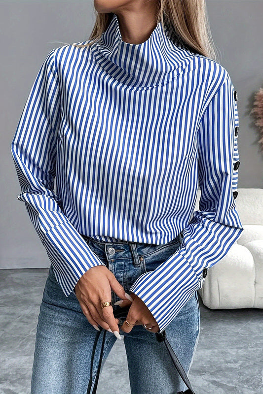 Blusas casuales de cuello alto con botones y rayas
