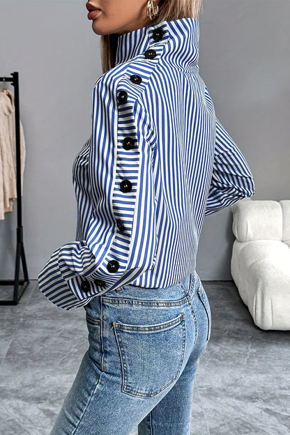 Blusas casuales de cuello alto con botones y rayas