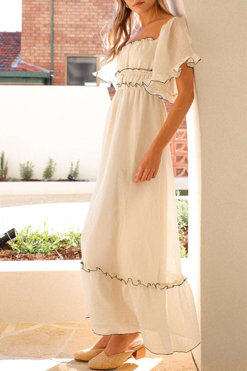 Vestido sexy de manga corta con hombros descubiertos y patchwork en contraste