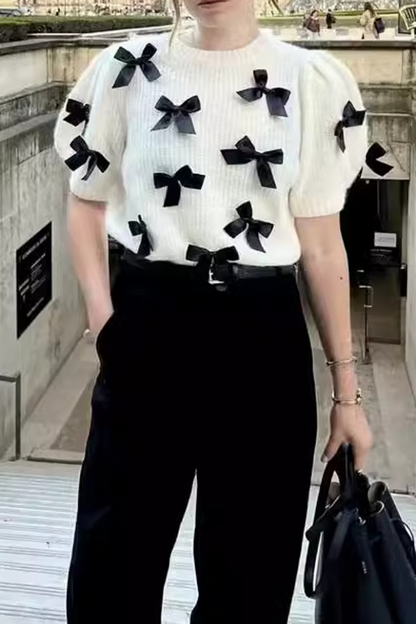 Suéteres casuales de cuello redondo con contraste y patchwork con lazo
