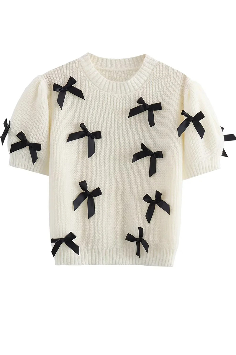Suéteres casuales de cuello redondo con contraste y patchwork con lazo