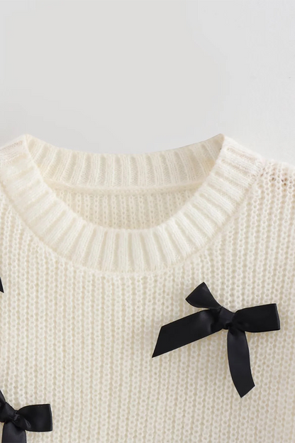 Suéteres casuales de cuello redondo con contraste y patchwork con lazo