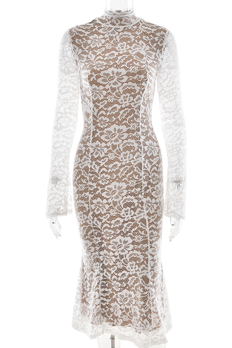 Vestidos sexis de encaje con cuello alto y cola de pez