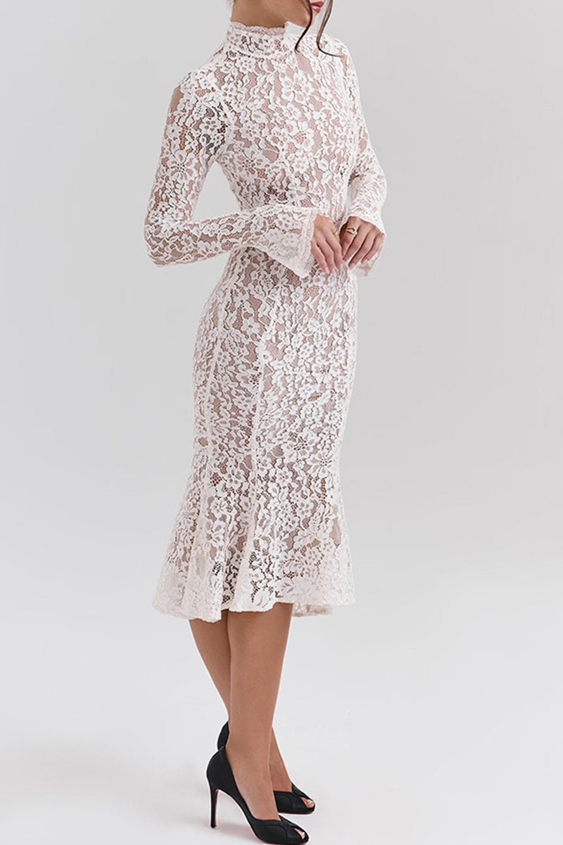Vestidos sexis de encaje con cuello alto y cola de pez
