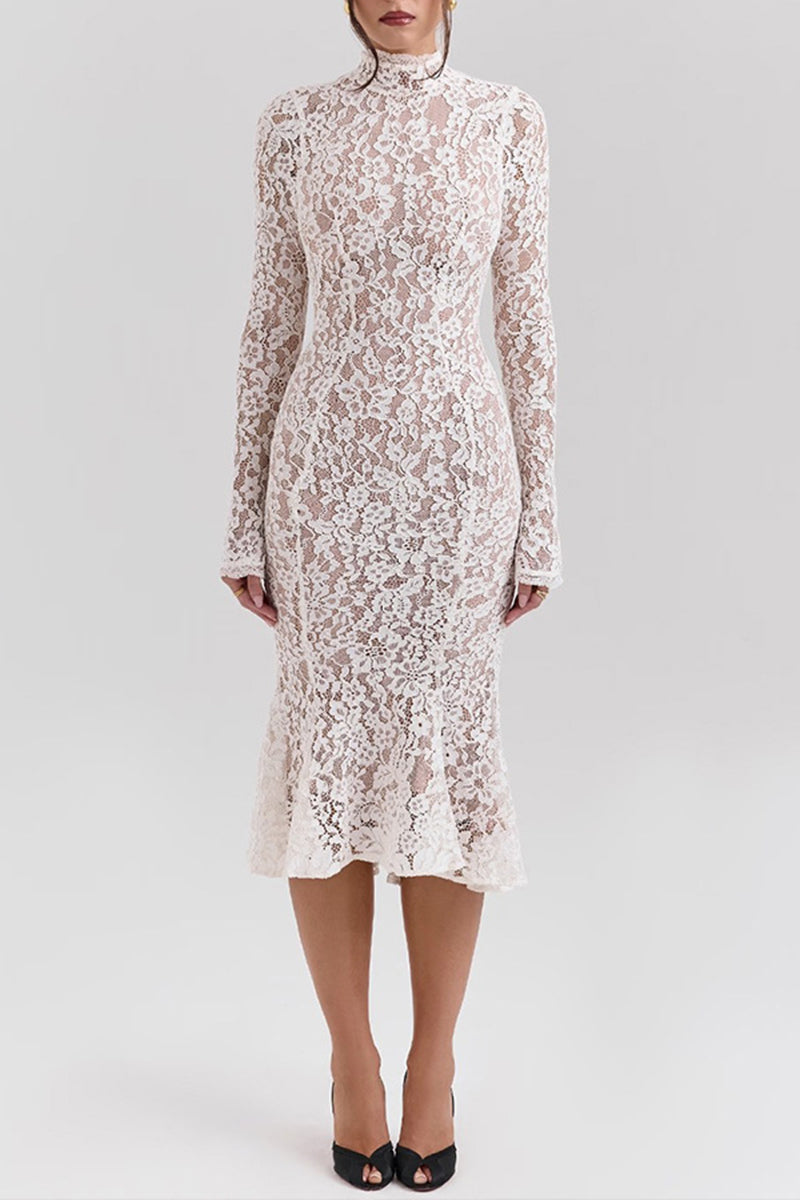Vestidos sexis de encaje con cuello alto y cola de pez