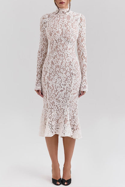 Vestidos sexis de encaje con cuello alto y cola de pez