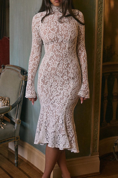 Vestidos sexis de encaje con cuello alto y cola de pez