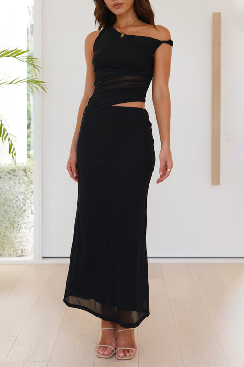 Vestido sexy de malla transparente con cuello oblicuo y falda de un solo paso (4 colores)