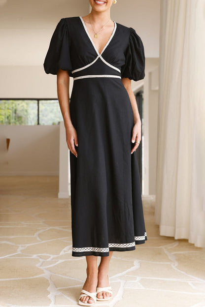 Vestido sexy de patchwork con escote en V y manga corta en A